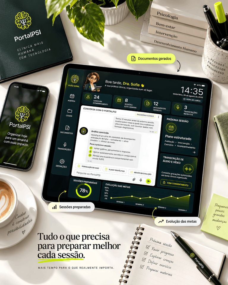 Painel da plataforma PortalPSI num tablet com análise clínica, agenda de casos e transcrição de áudio